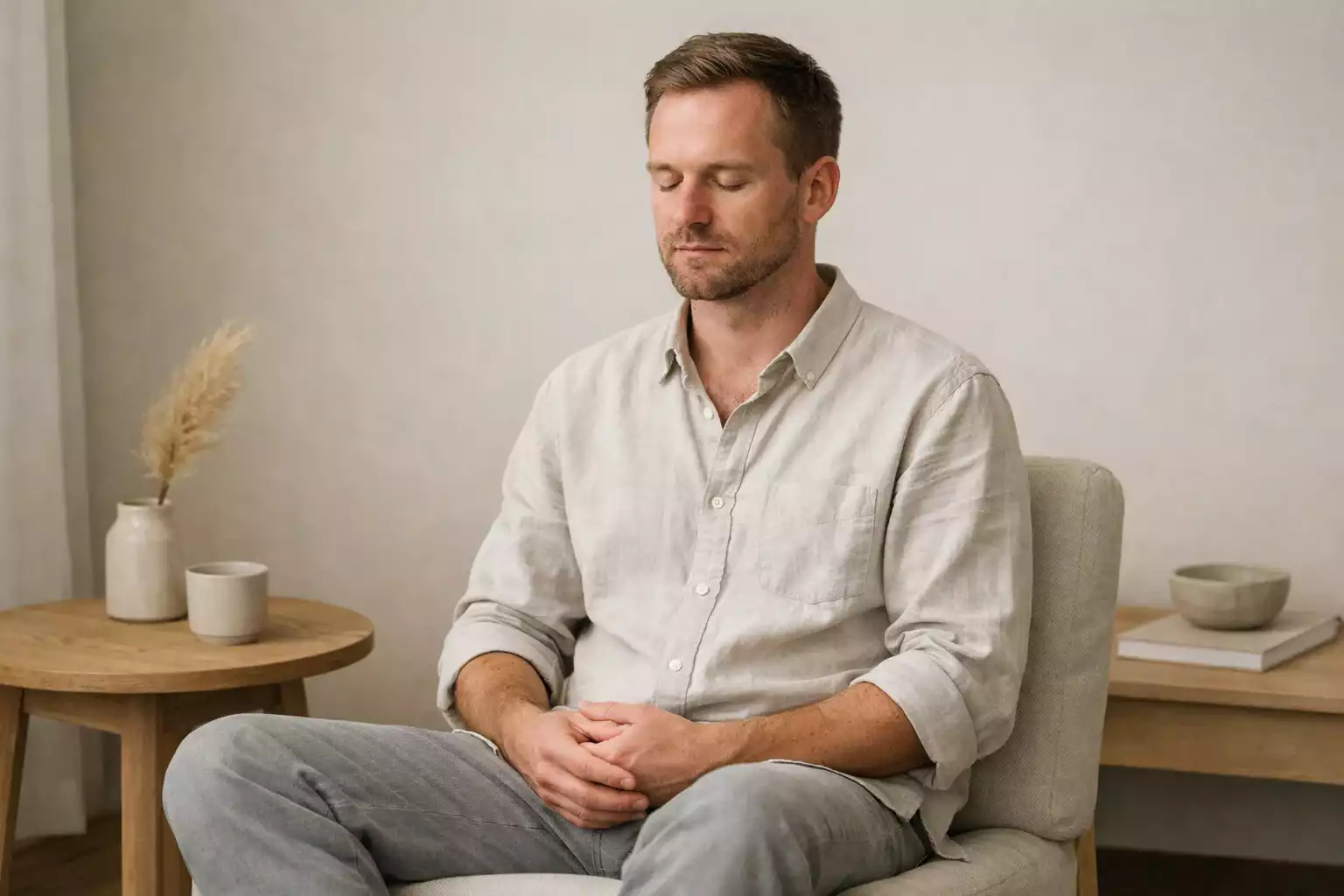 Person meditating or practicing mindfulness in a calm setting representing mental discipline