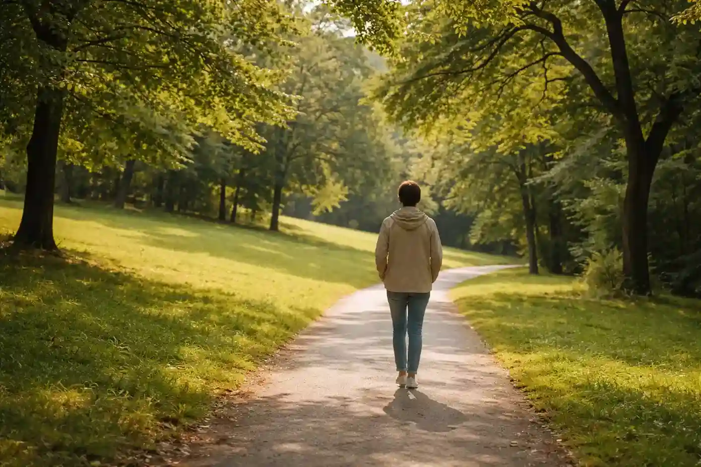 Person taking a relaxing walk in a park on a sunny day