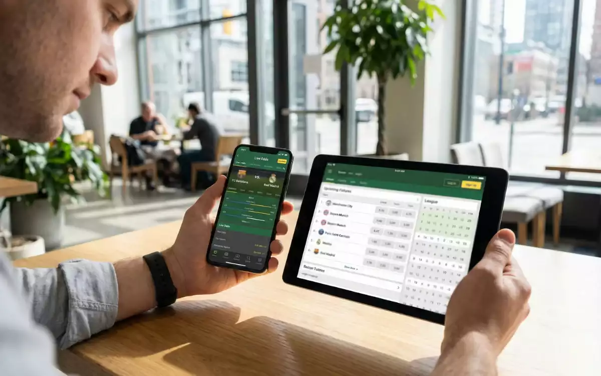 Person comparing betting odds on smartphone and tablet devices side by side at a cafe table