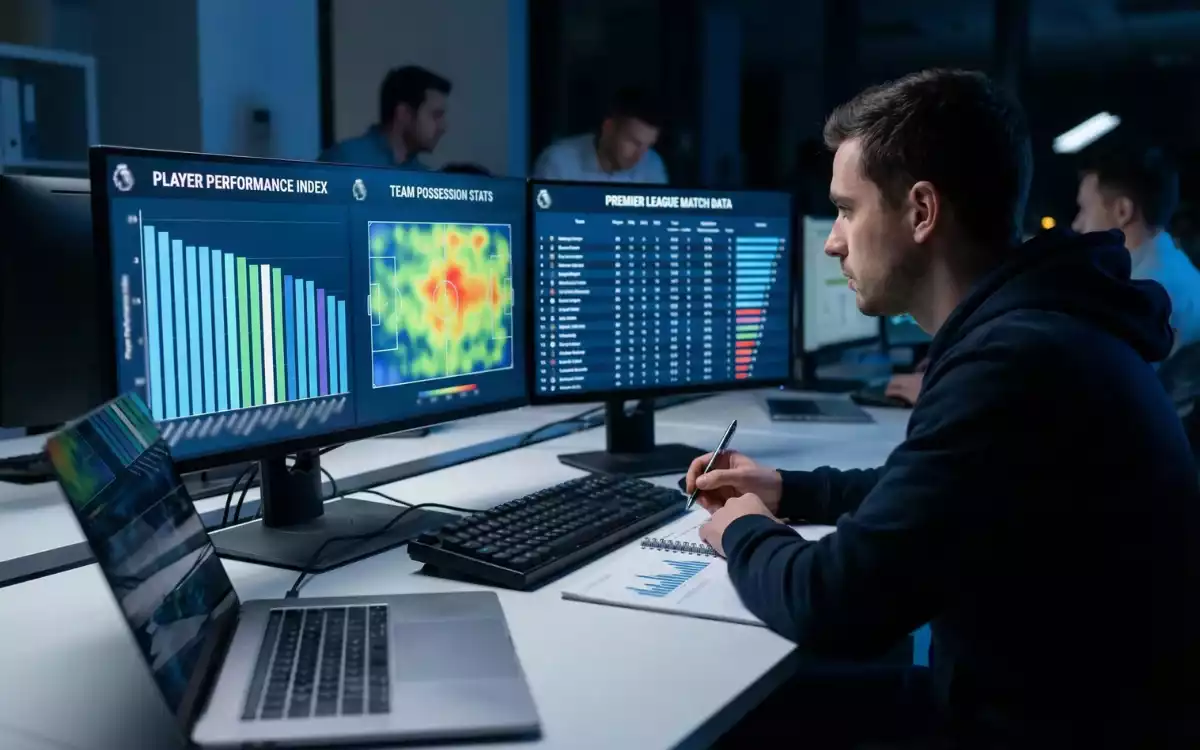 Data analyst working with multiple computer monitors showing sports statistics and performance metrics