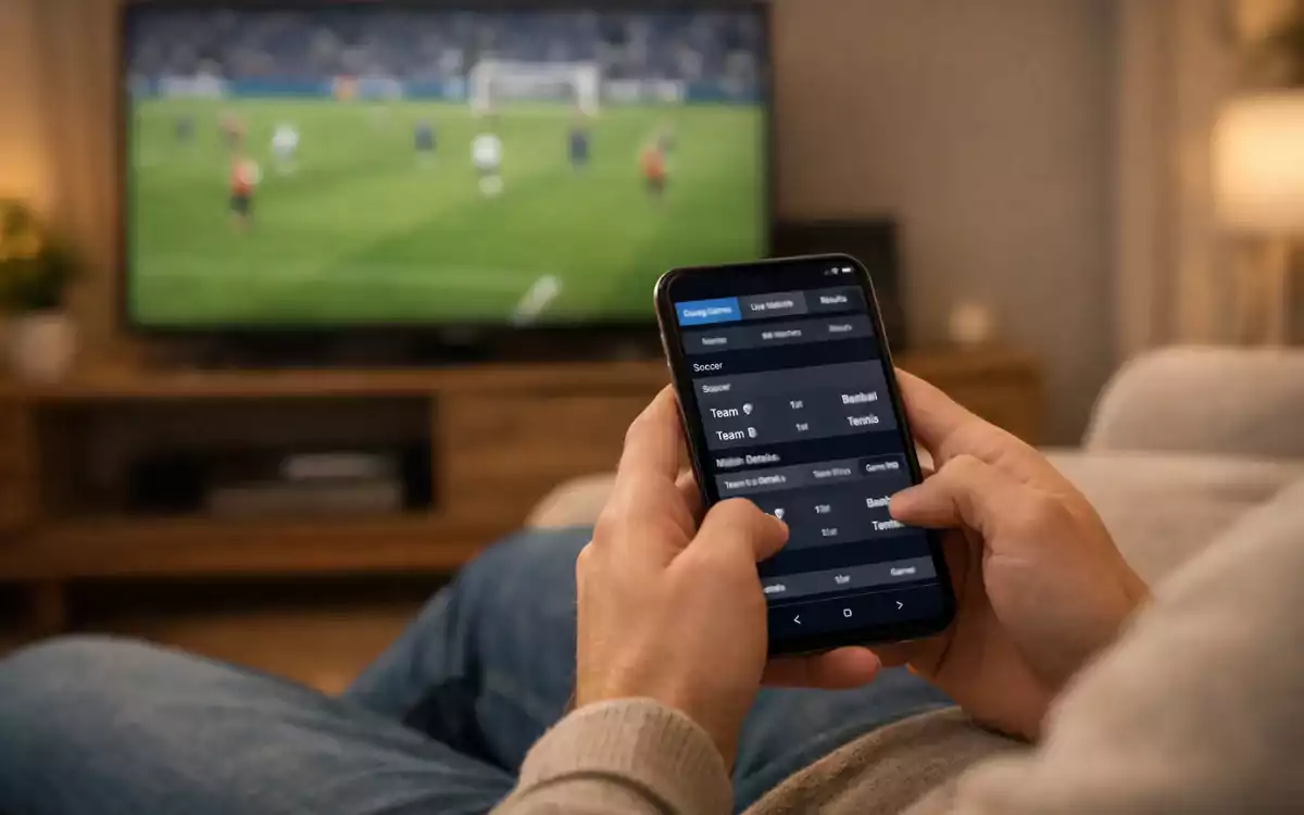 Person relaxing on sofa using smartphone with football match on TV in background