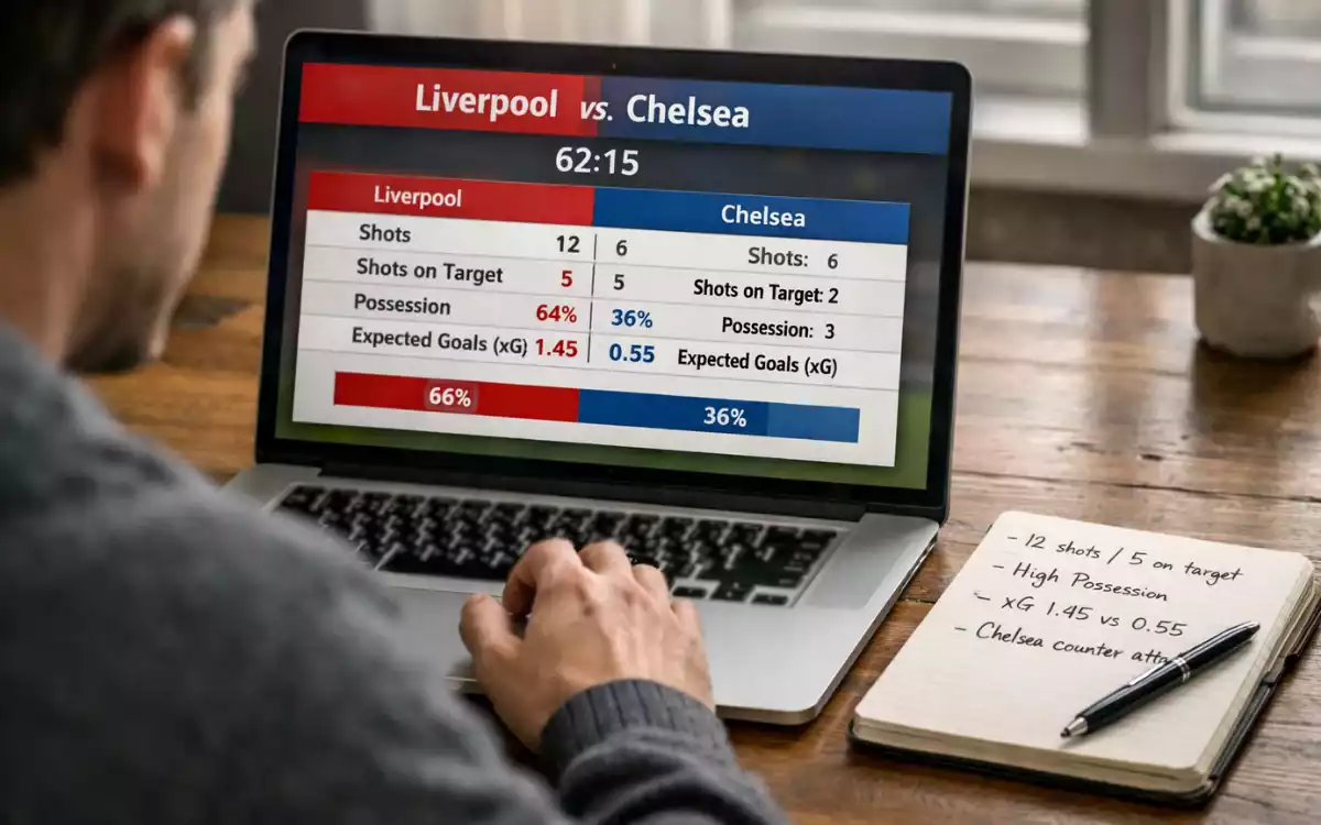 Person analyzing football statistics on laptop with notepad and pen beside them