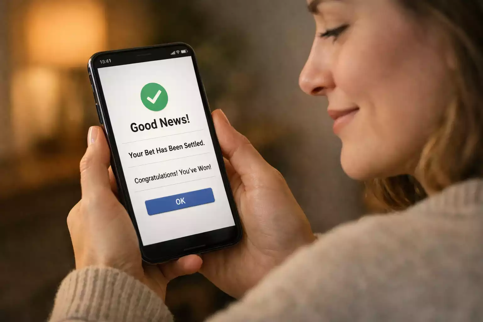 Person checking notifications on smartphone with a relieved expression