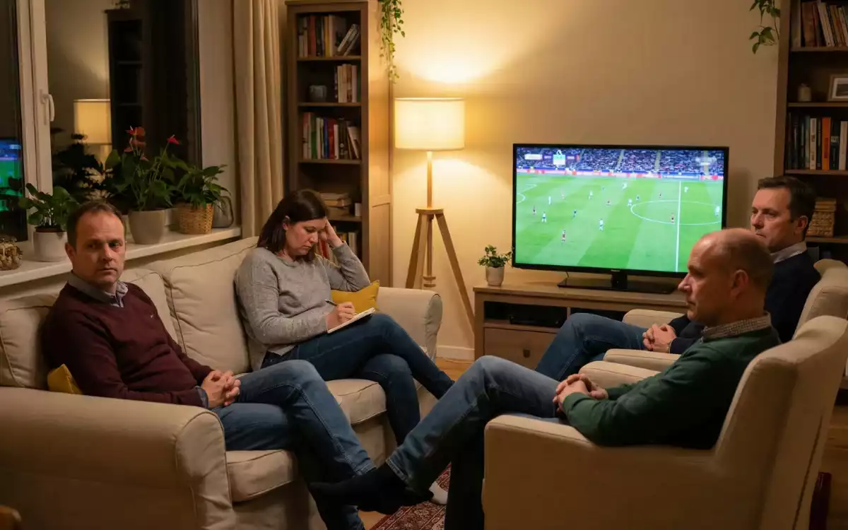 Group of friends watching football match together in living room with mixed emotions