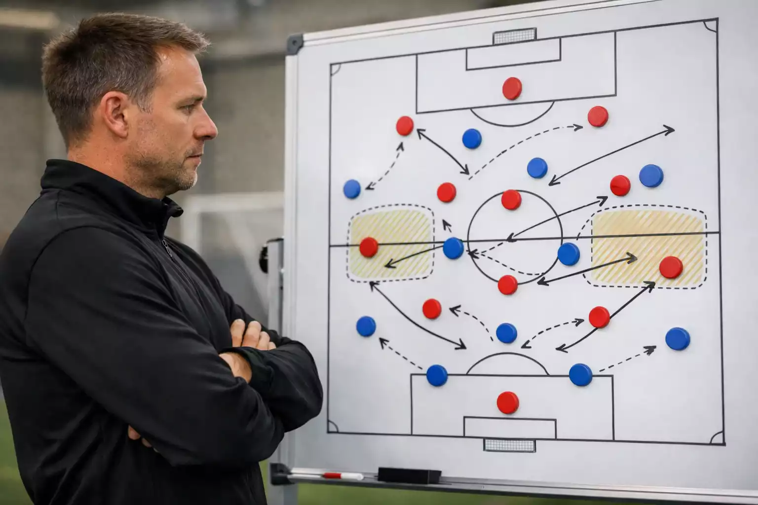 Football coach studying tactical board with player formations and strategy notes