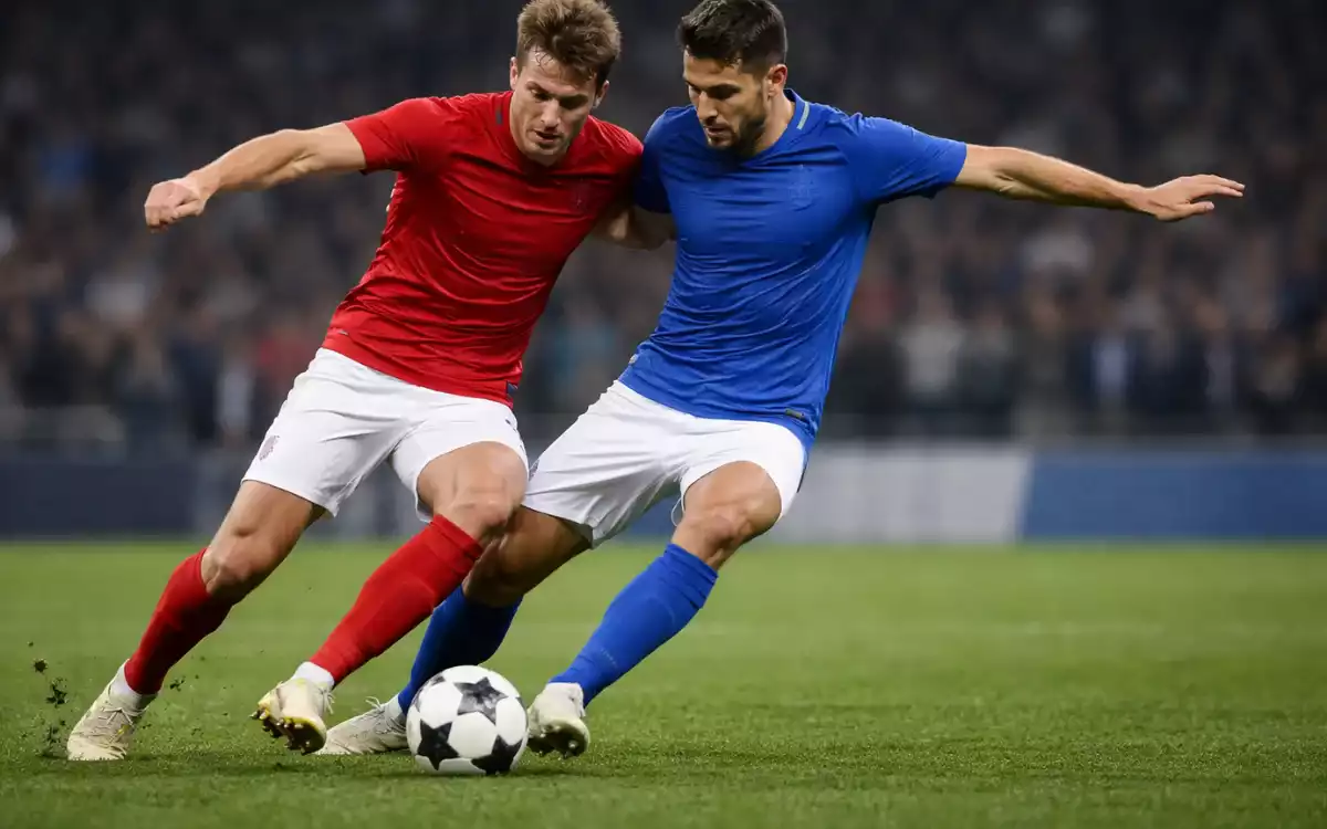 Two football players from opposing teams competing for the ball during a match