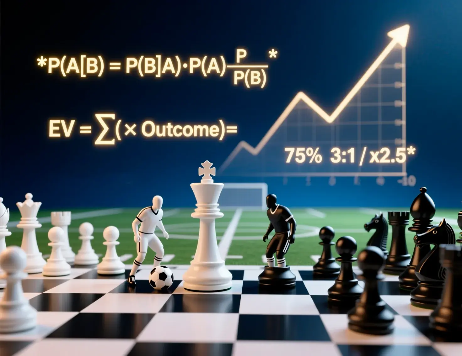 Strategic betting concept showing chess pieces on football field with probability calculations