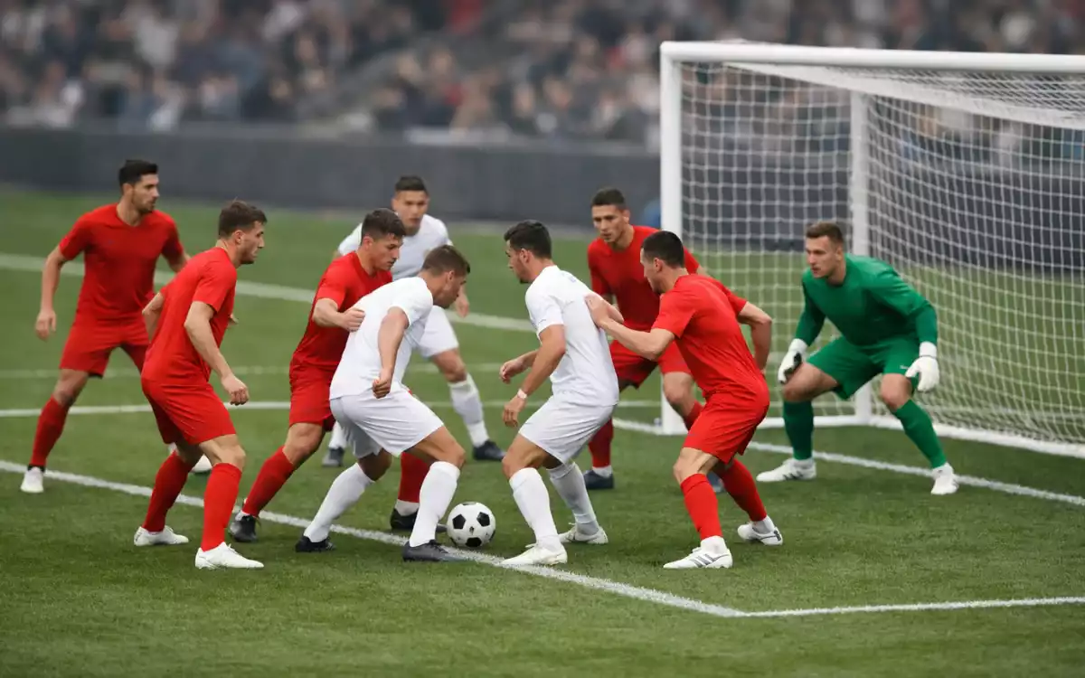 Two football teams in open attacking play with goalmouth action