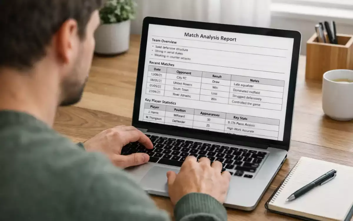 Person analyzing football statistics on laptop with notepad beside them