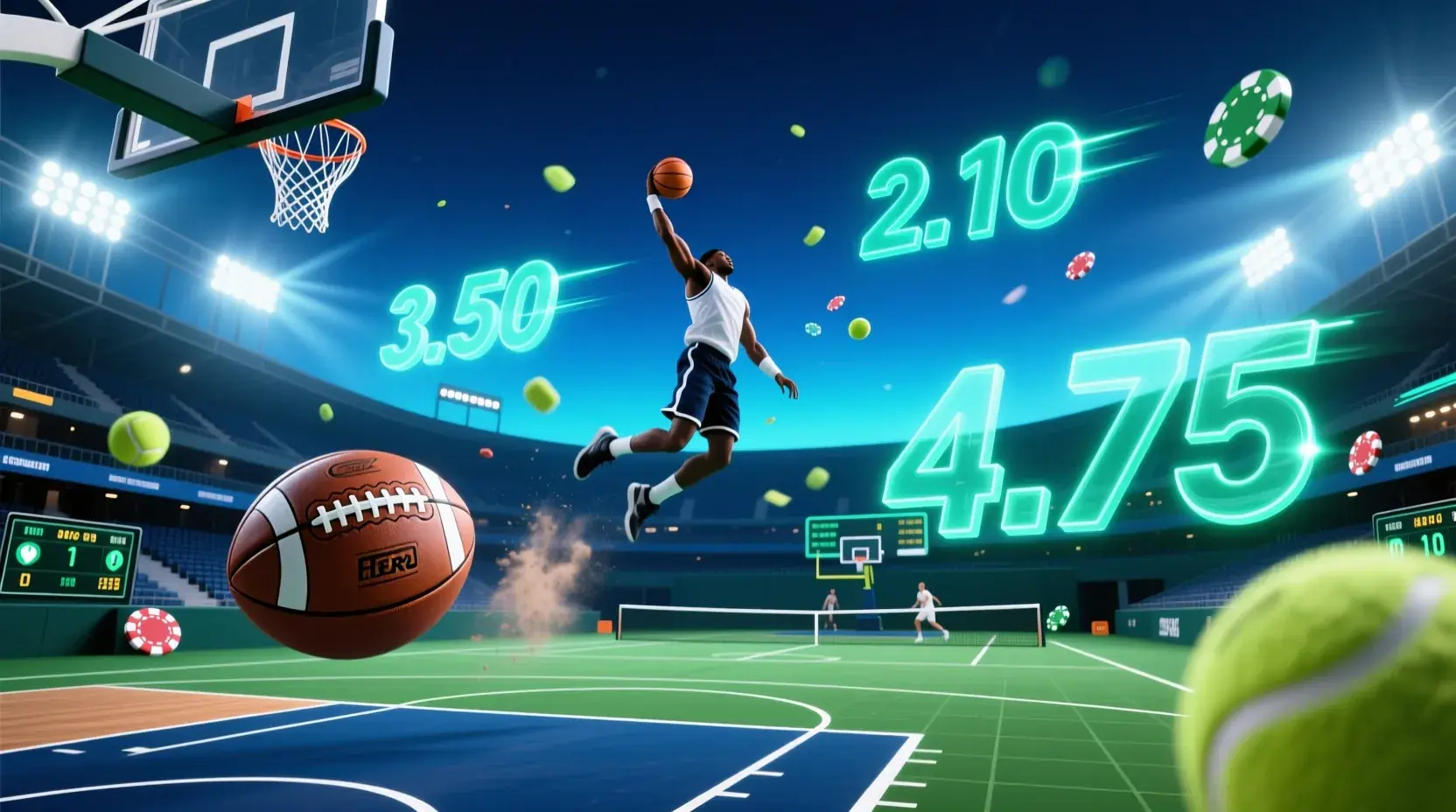 Dynamic sports betting hero banner with multiple sports and betting odds visualization
