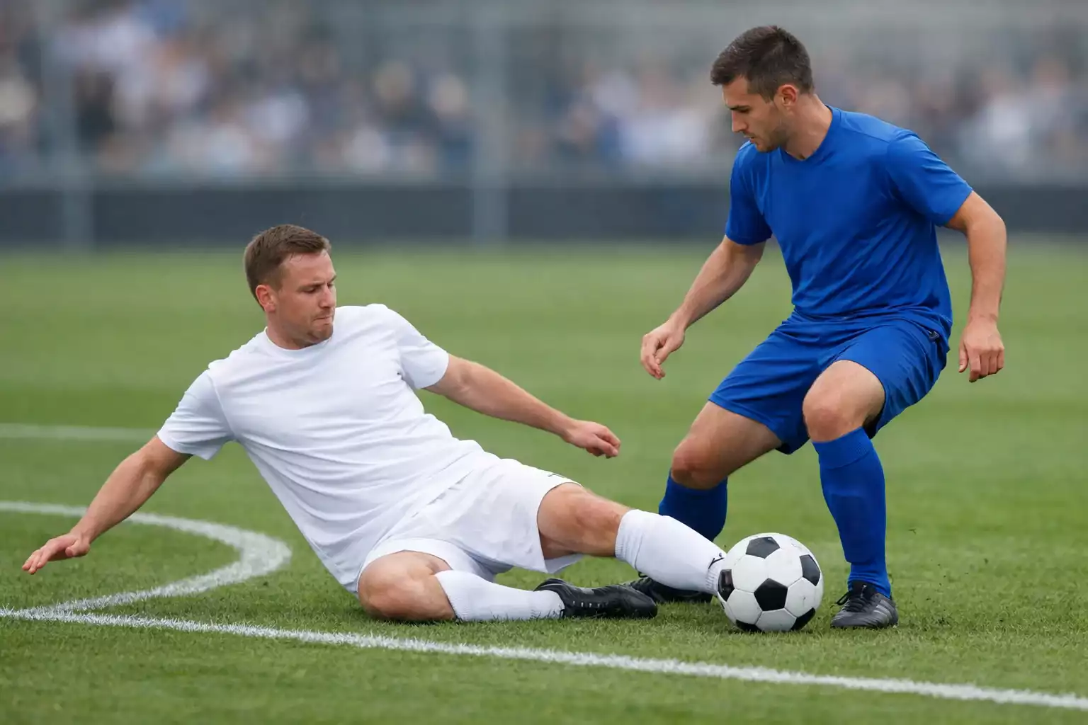 Football player making a sliding tackle challenge on an opponent during a match