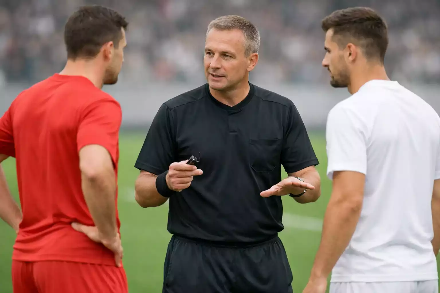 Football referee speaking to players during a match with whistle in hand