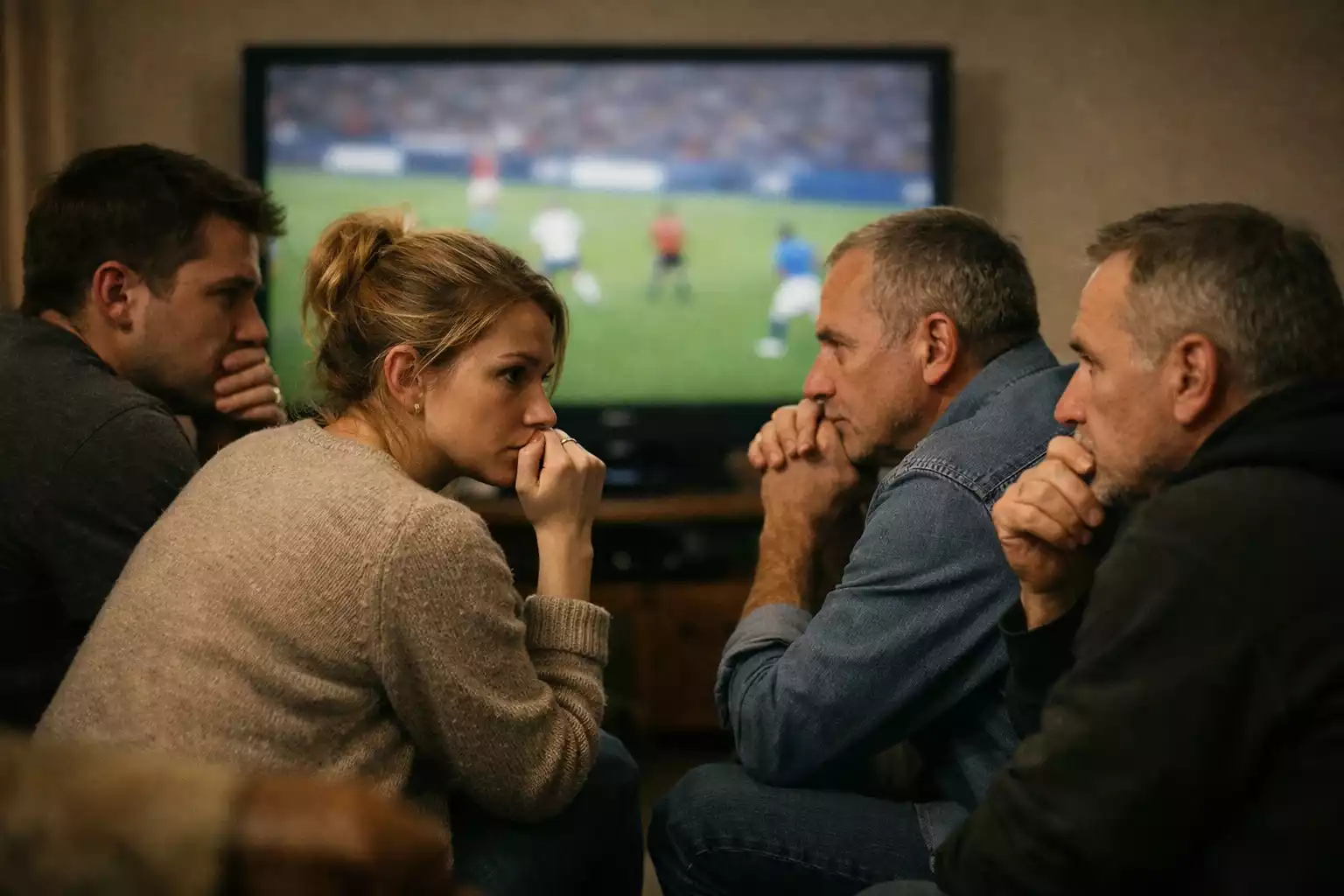 Football fans showing mixed emotions of tension and hope while watching a match