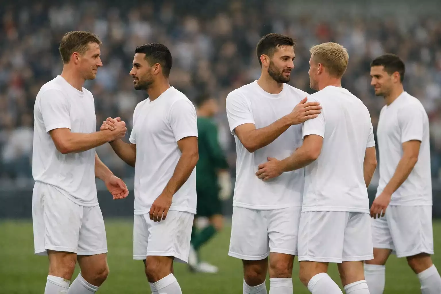 Football players celebrating victory on the pitch after a Champions League match