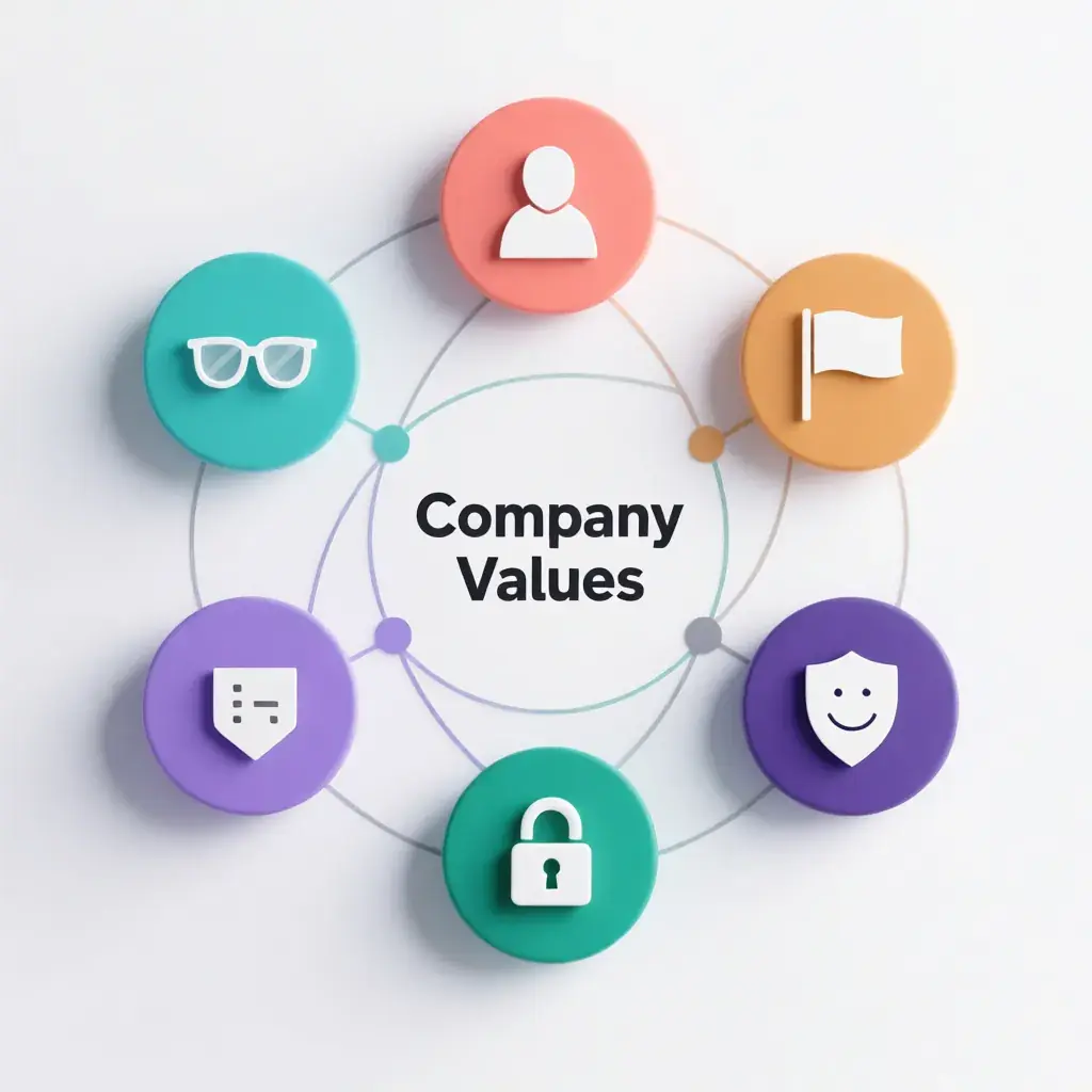 Seven interconnected circular nodes representing core company values: transparency, autonomy, compliance, technology, responsible measures, customer service, and data privacy