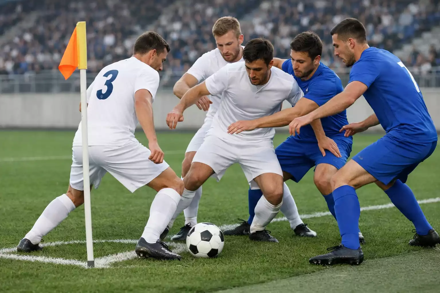 Football match action near the corner flag with players competing for the ball