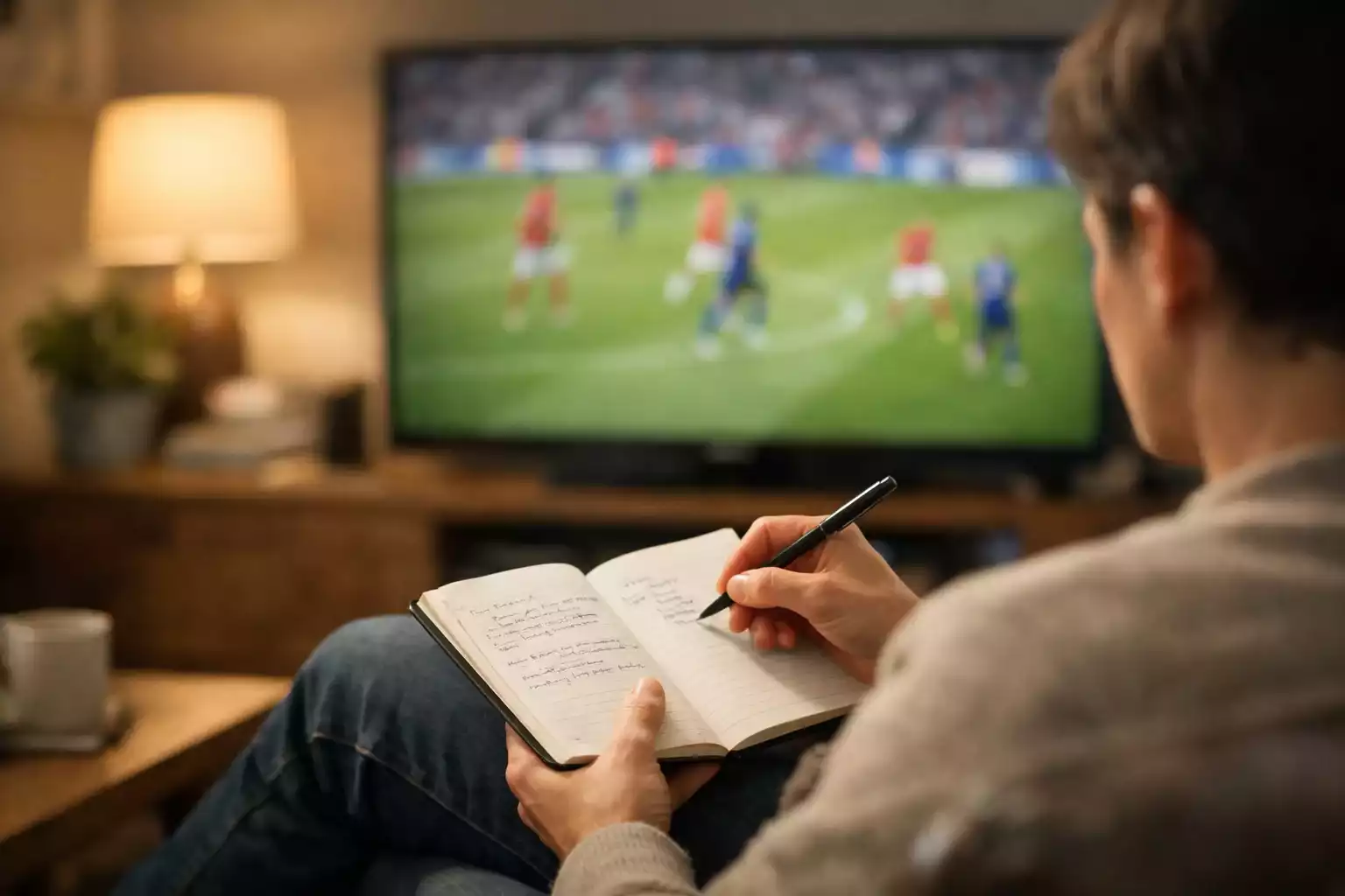 Person writing notes while watching football on TV in a home setting