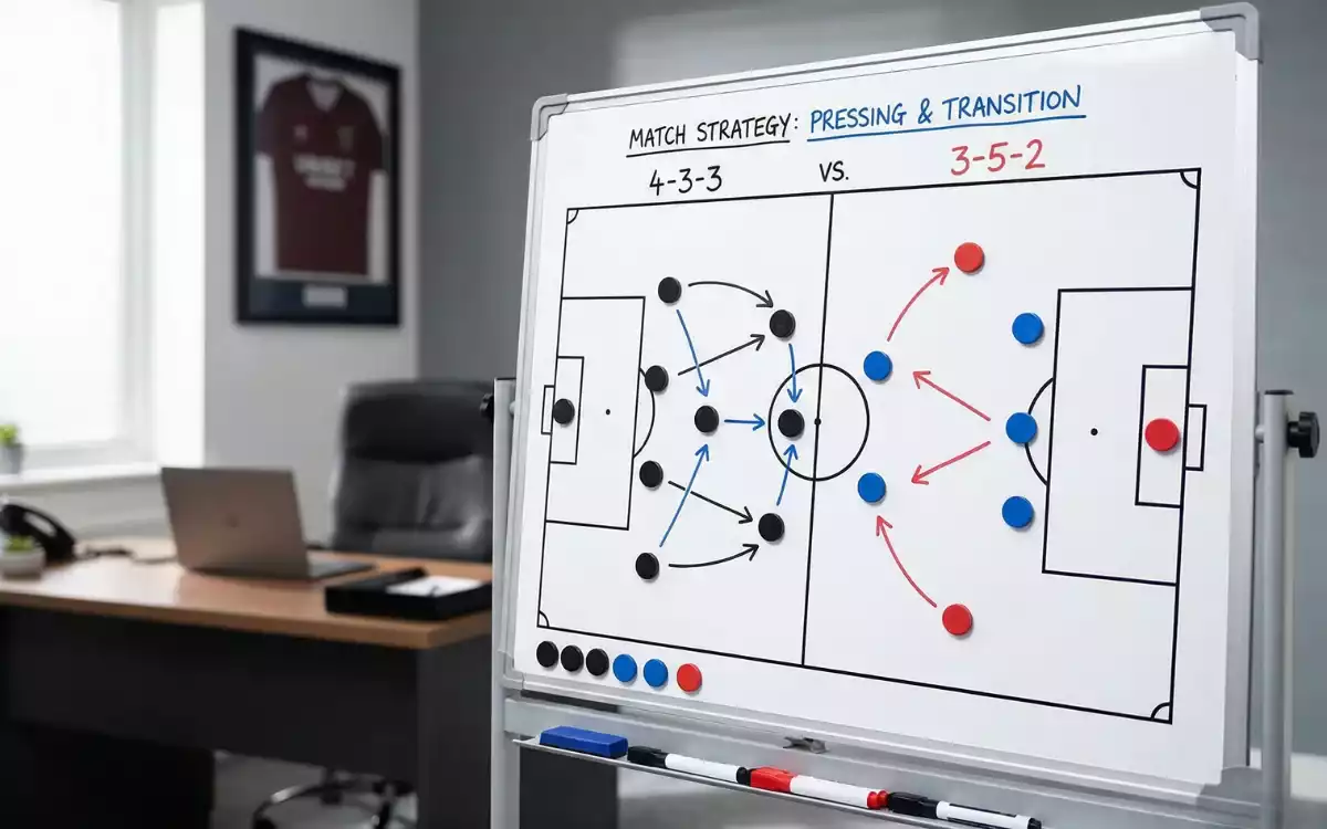 Football tactical board with team formations and strategy markings