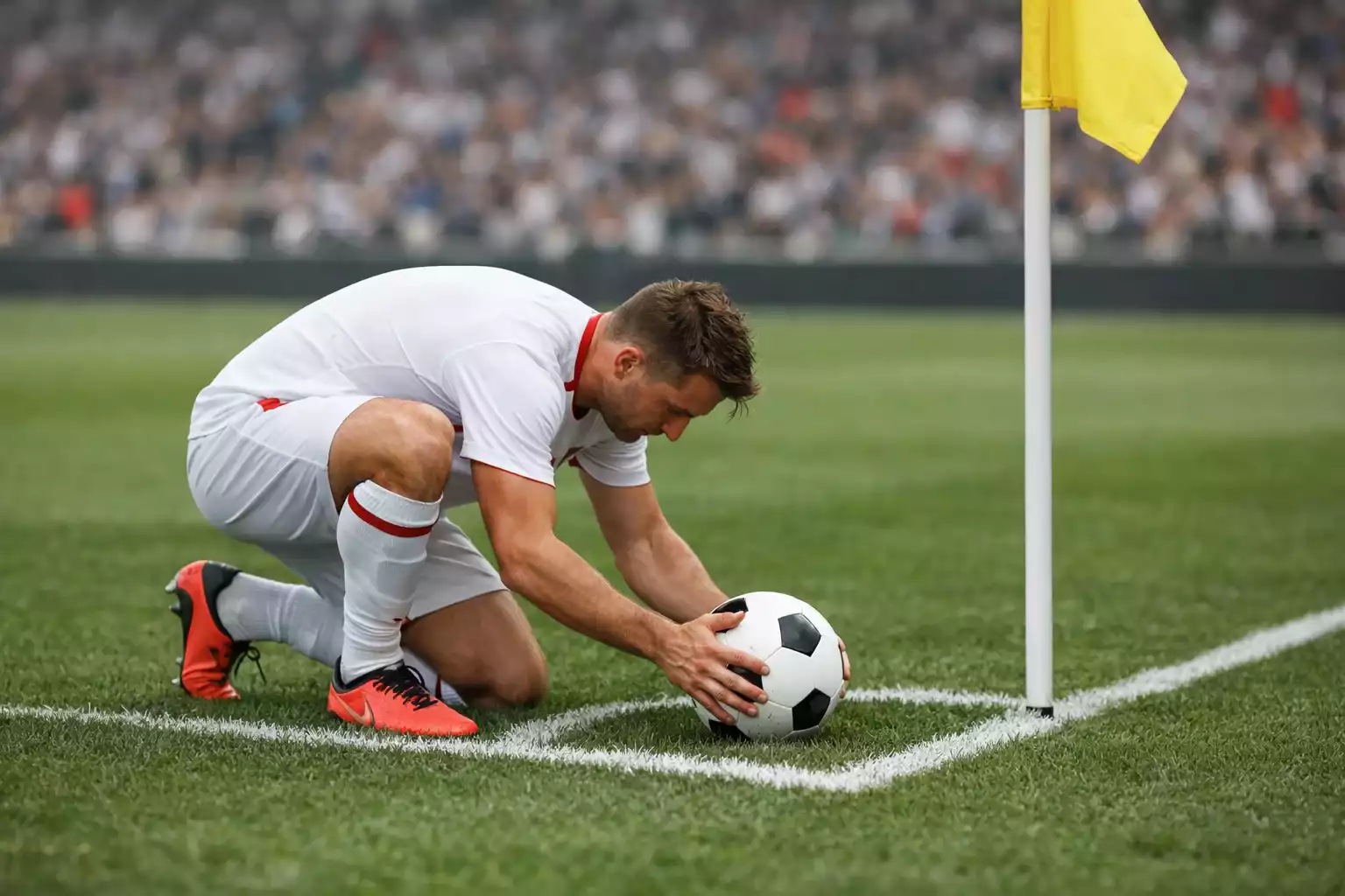Footballer preparing to take a corner kick with crowd visible in background