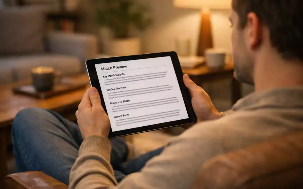 Person reading football news on tablet while relaxing on comfortable armchair