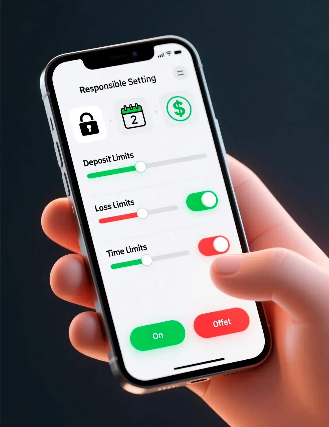 Modern smartphone interface showing responsible gambling settings with deposit limits, loss limits and time control features
