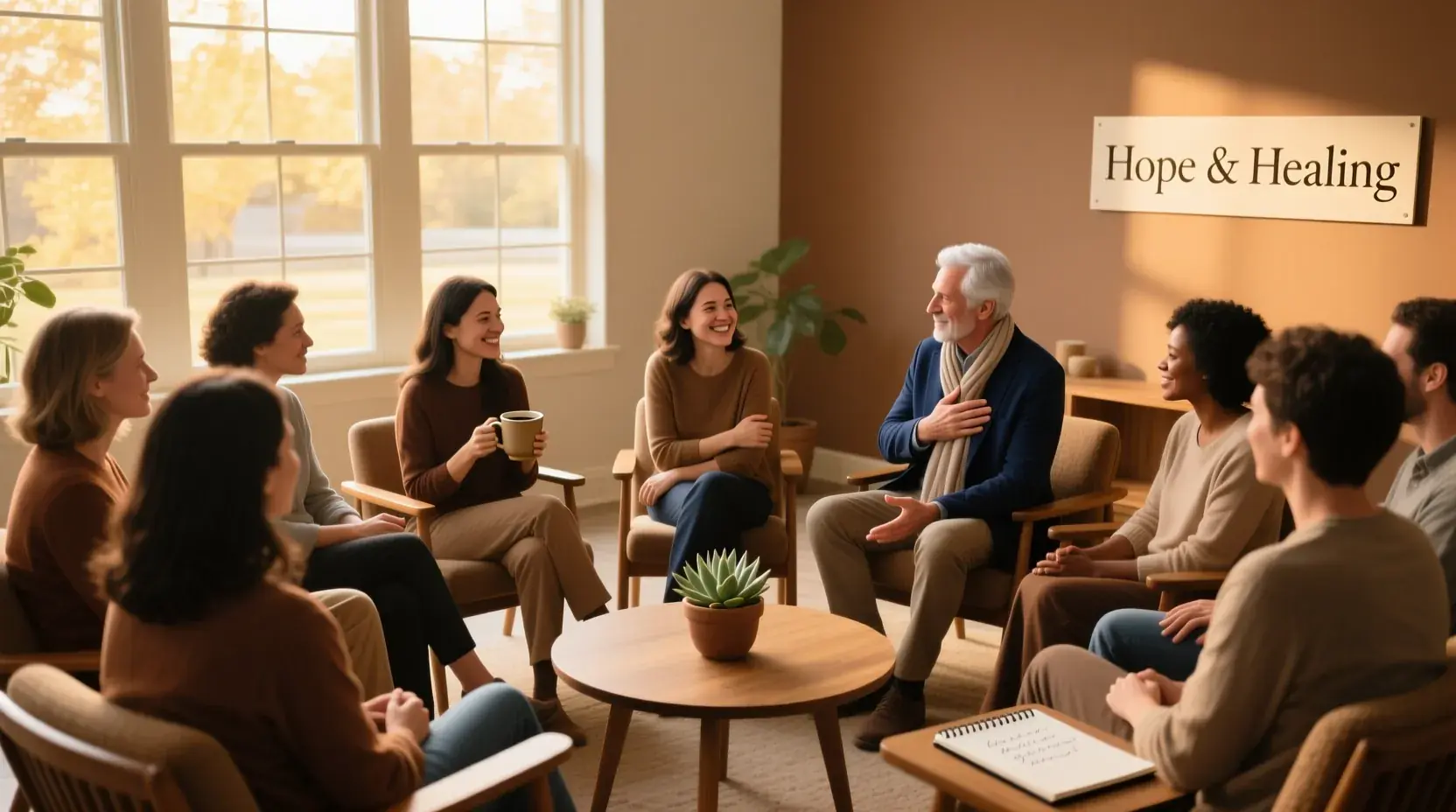 Diverse group of people in supportive circle during counseling session with warm natural lighting showing hope and community