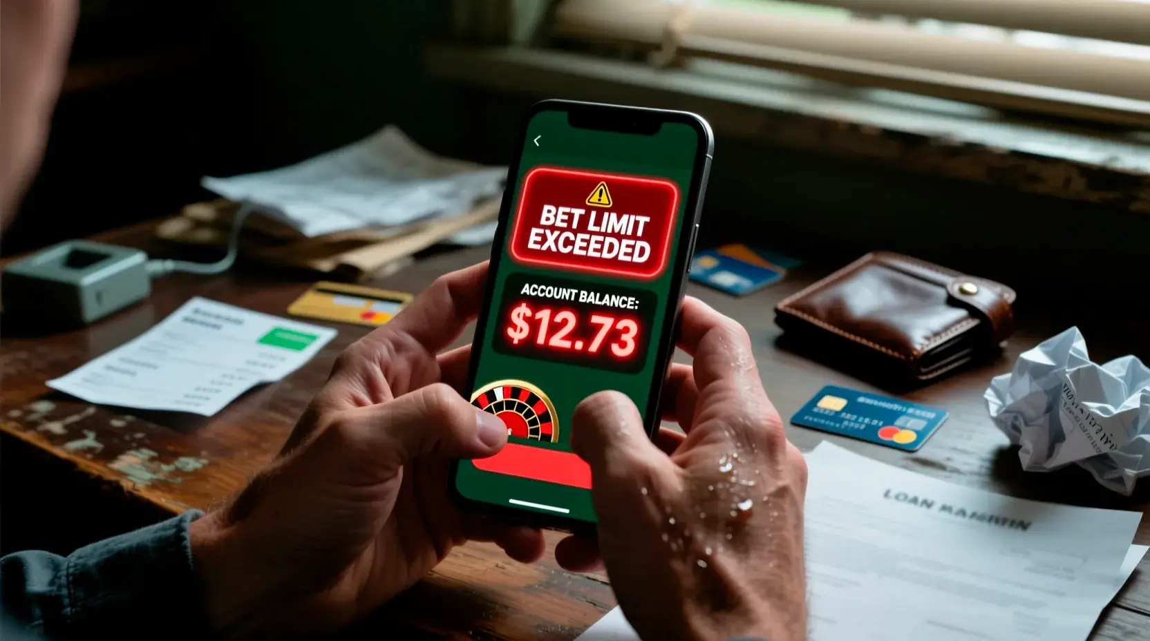 Close-up of hands holding smartphone with gambling app showing financial warning signs and unpaid bills in background