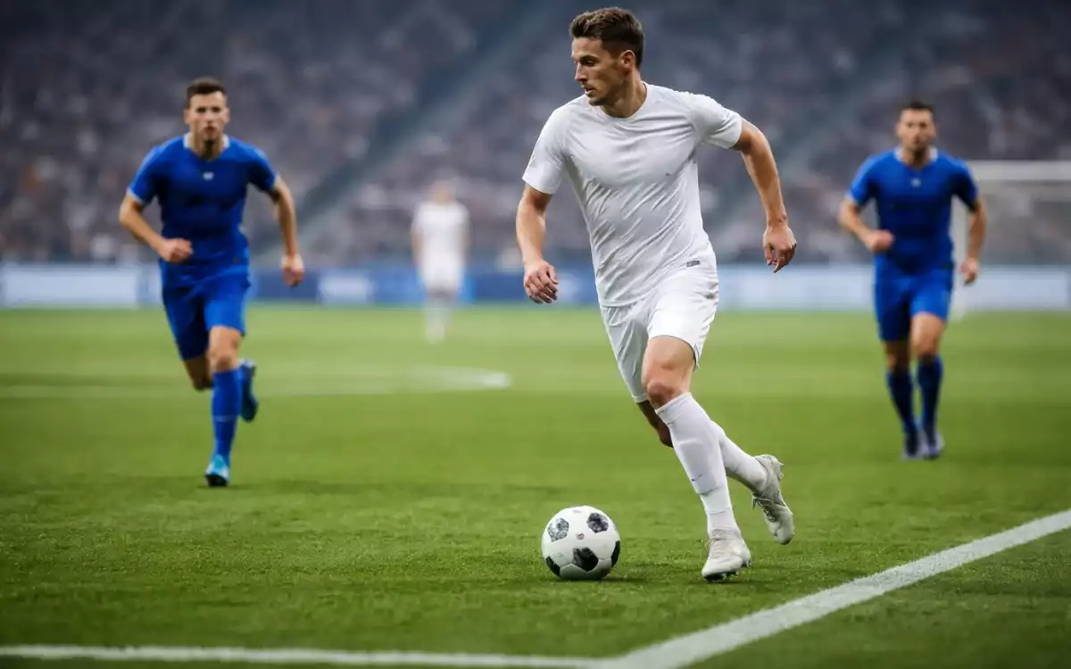 Football player running toward goal in the opening minutes of a match