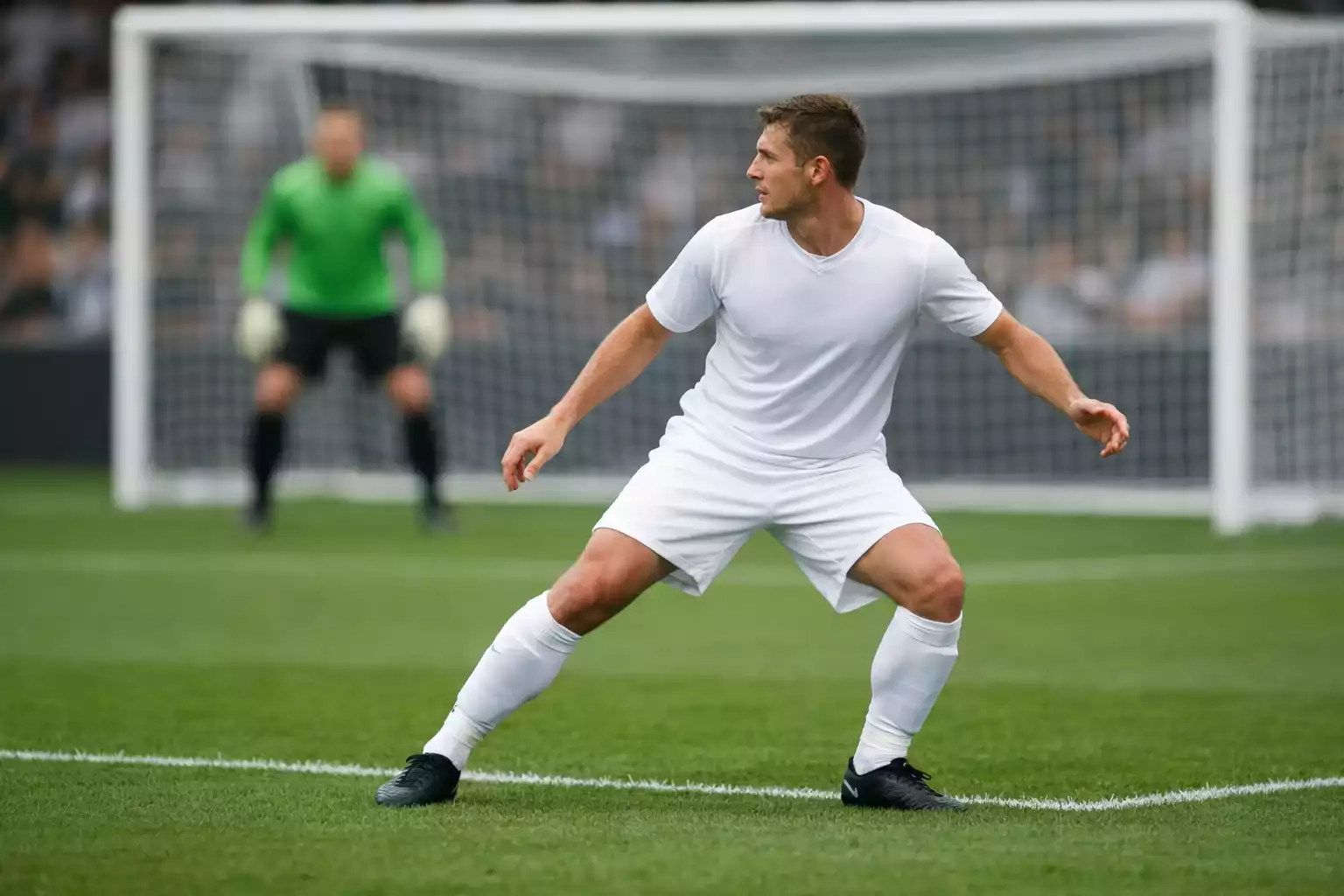 Football striker in the penalty area positioning himself for a shot