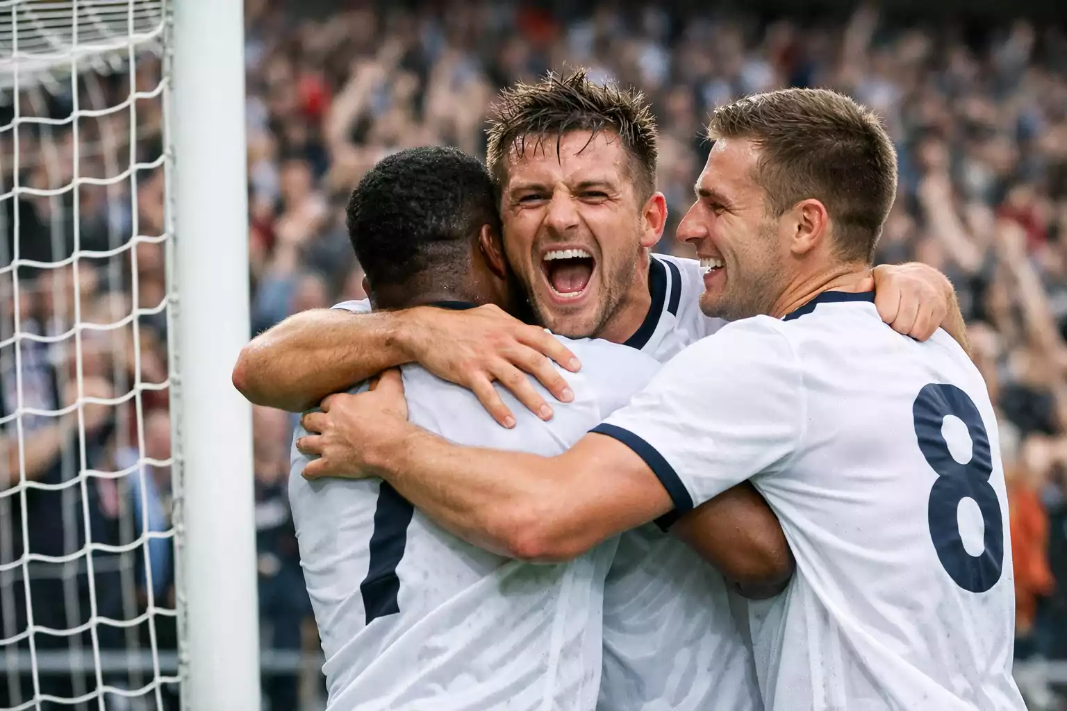 Football players celebrating a goal in the first half of a match