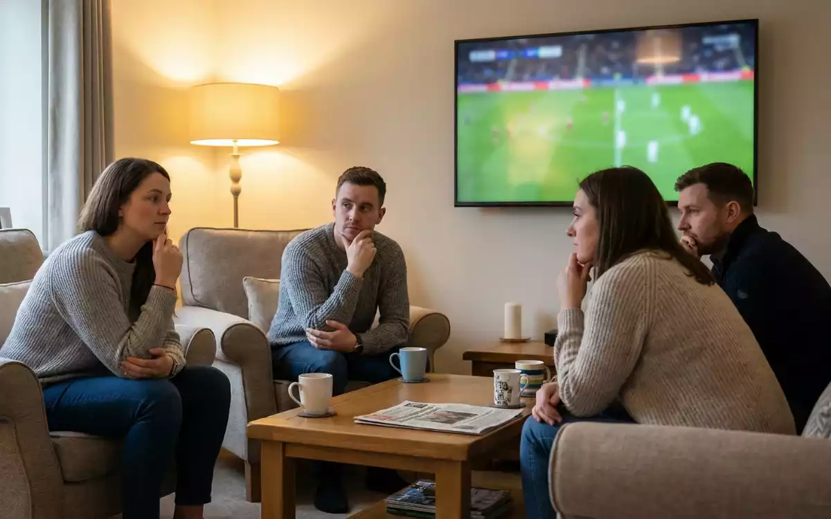 Football fans watching the first half of a match with tension and anticipation