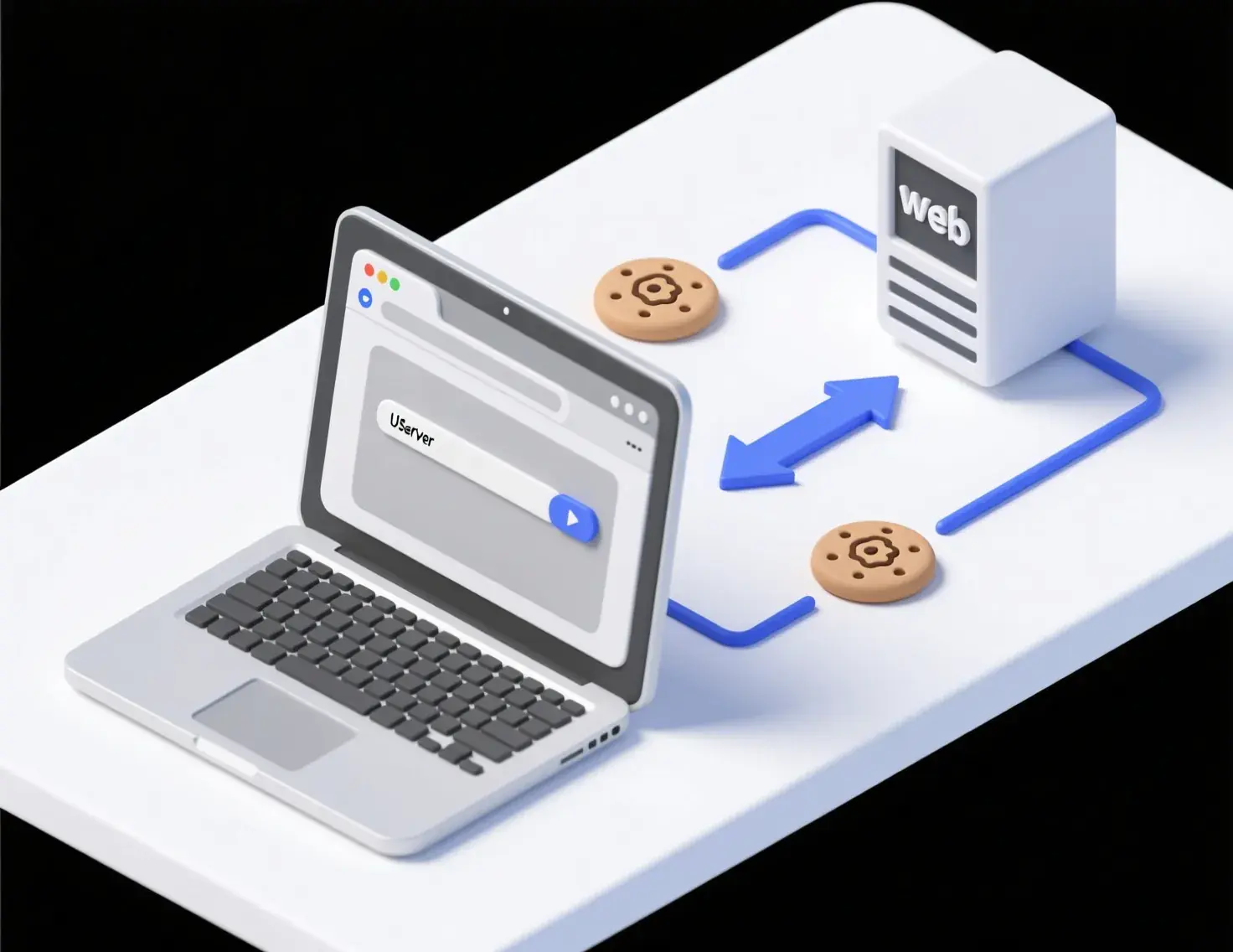 Technical diagram showing how cookies work between browser and server with data exchange flow
