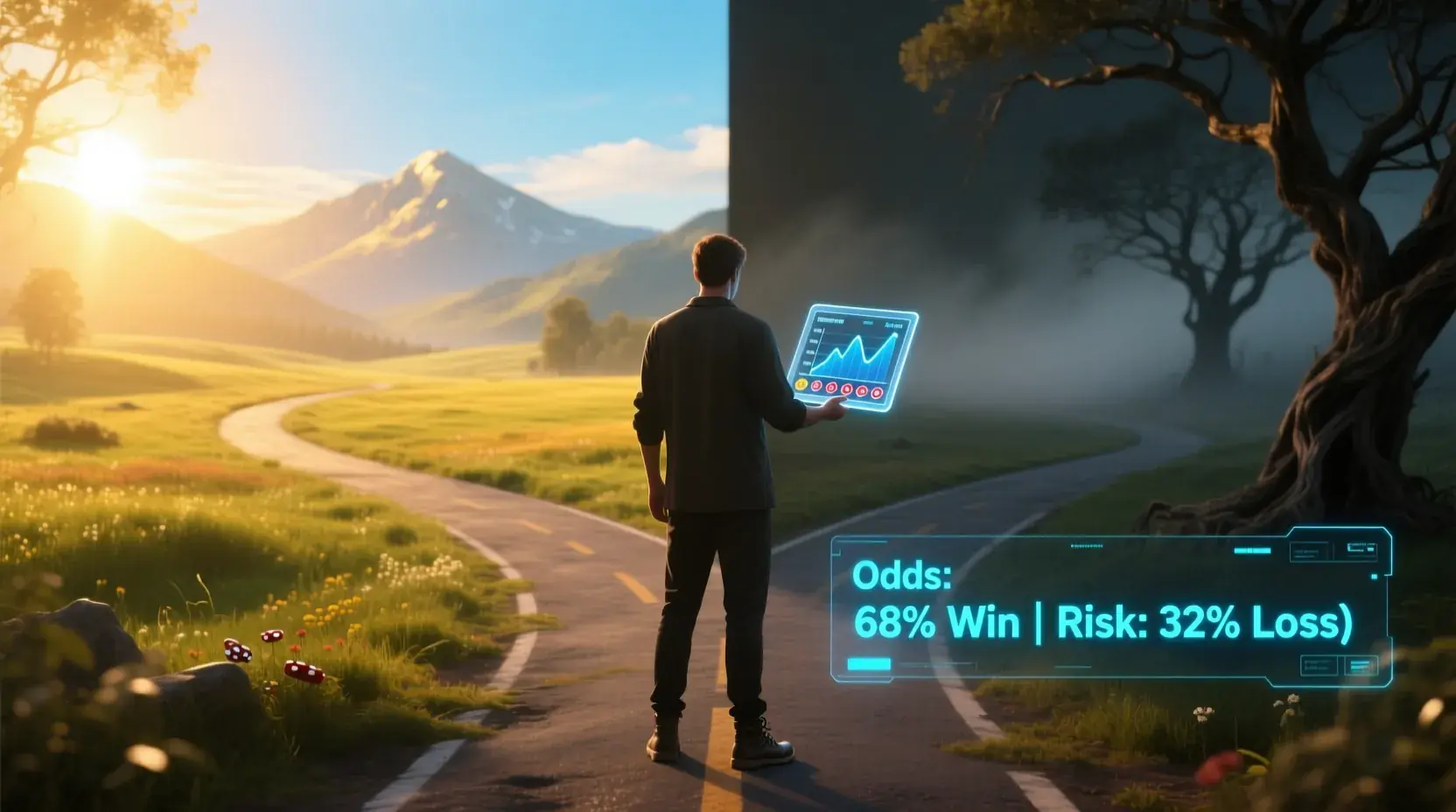 Person standing at crossroads making informed decision between clear bright future path and uncertain dark path with gambling statistics on tablet