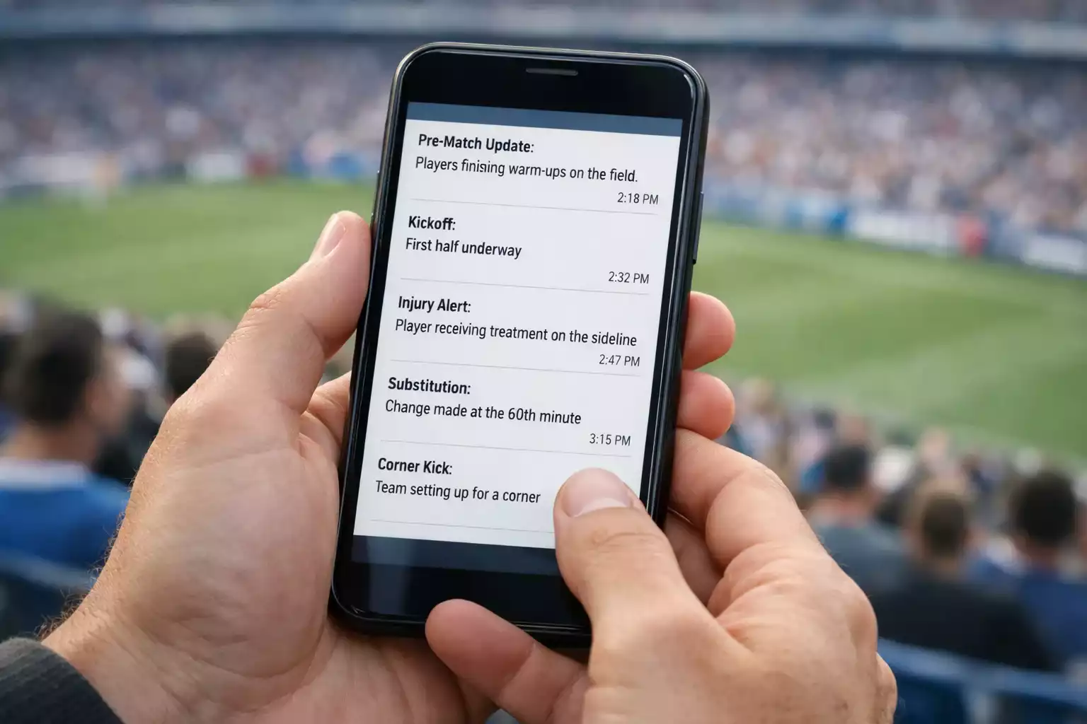 Close-up of hands holding smartphone showing live sports updates at a sports venue