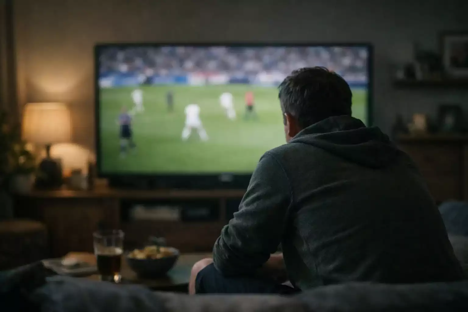 Person intensely watching a live football match on television in a dark room