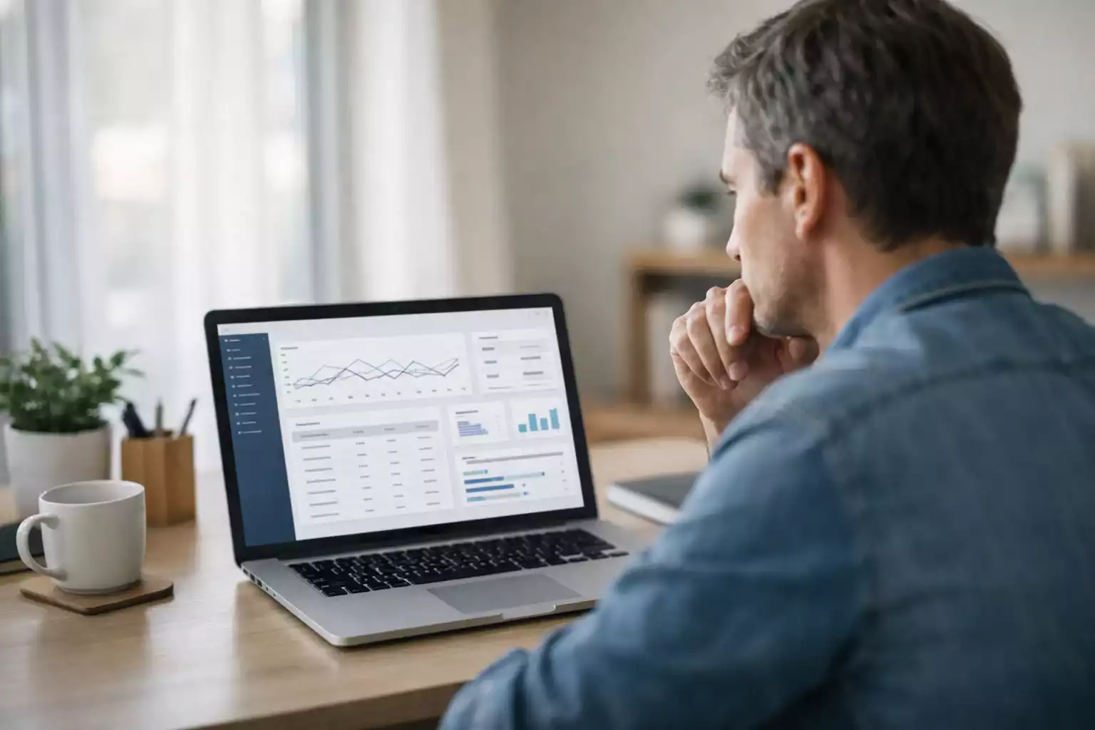 Person thoughtfully looking at a laptop screen in a quiet home office
