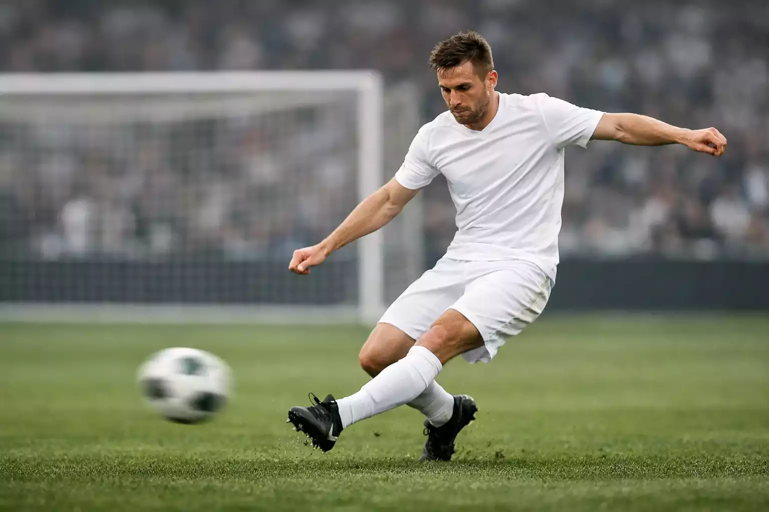 Professional footballer taking a shot on goal during a match