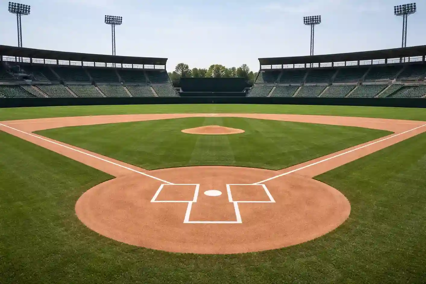 View of baseball diamond from behind home plate showing the field and outfield