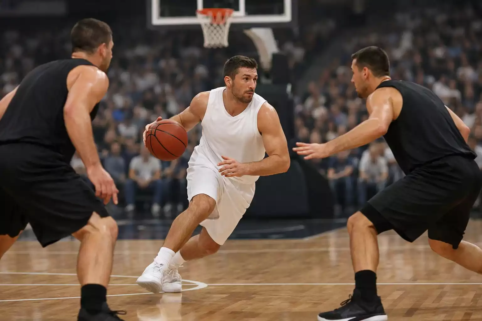 NBA basketball player driving to the basket during an intense game moment