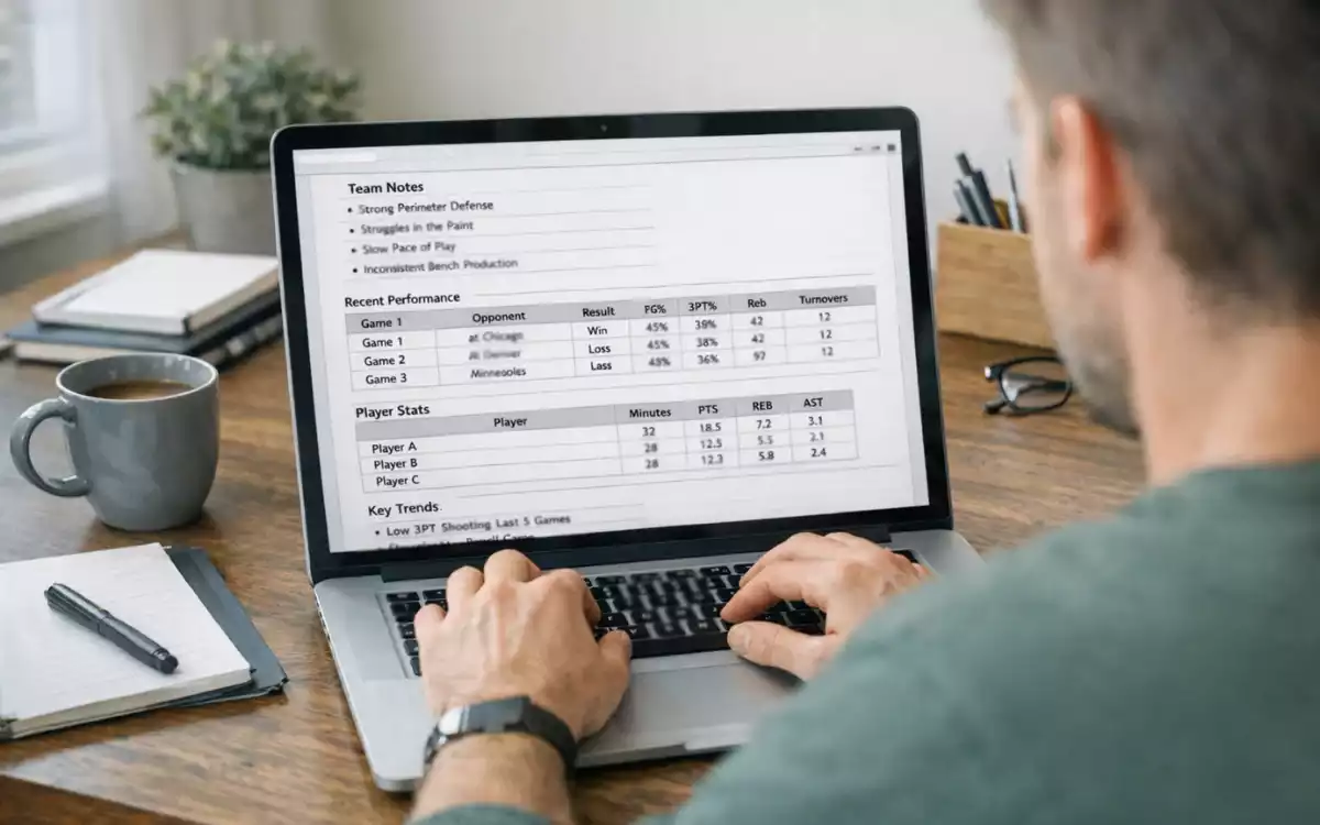 Person using laptop to analyze basketball statistics at a home desk