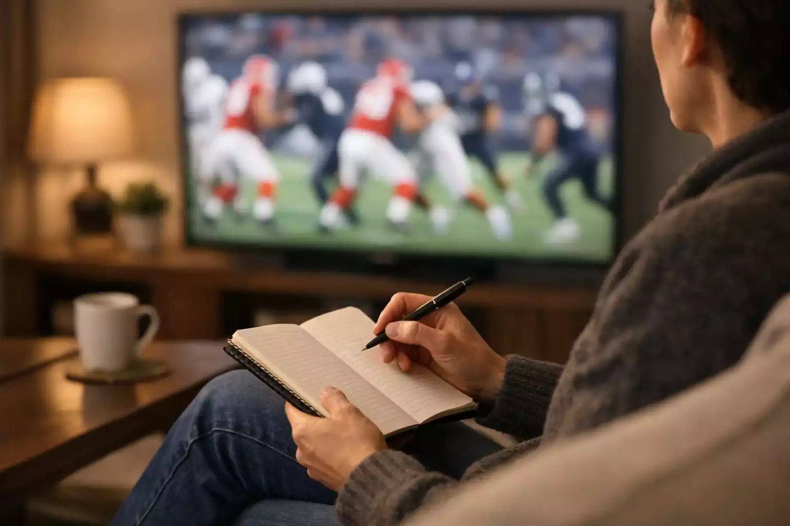 Person watching NFL game on TV while taking notes in a notebook