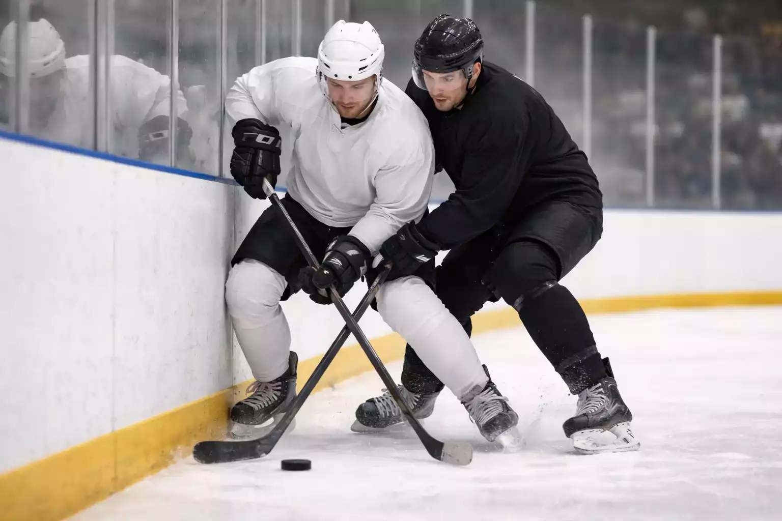 Two hockey players battling for the puck along the boards during an NHL game