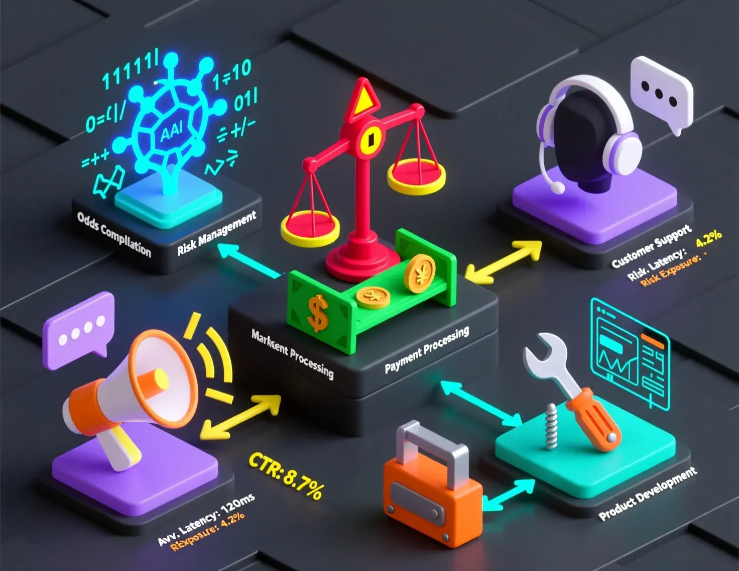 Complete operational flowchart showing odds compilation, risk management, payment processing, customer support, marketing, and product development interconnected with feedback loops
