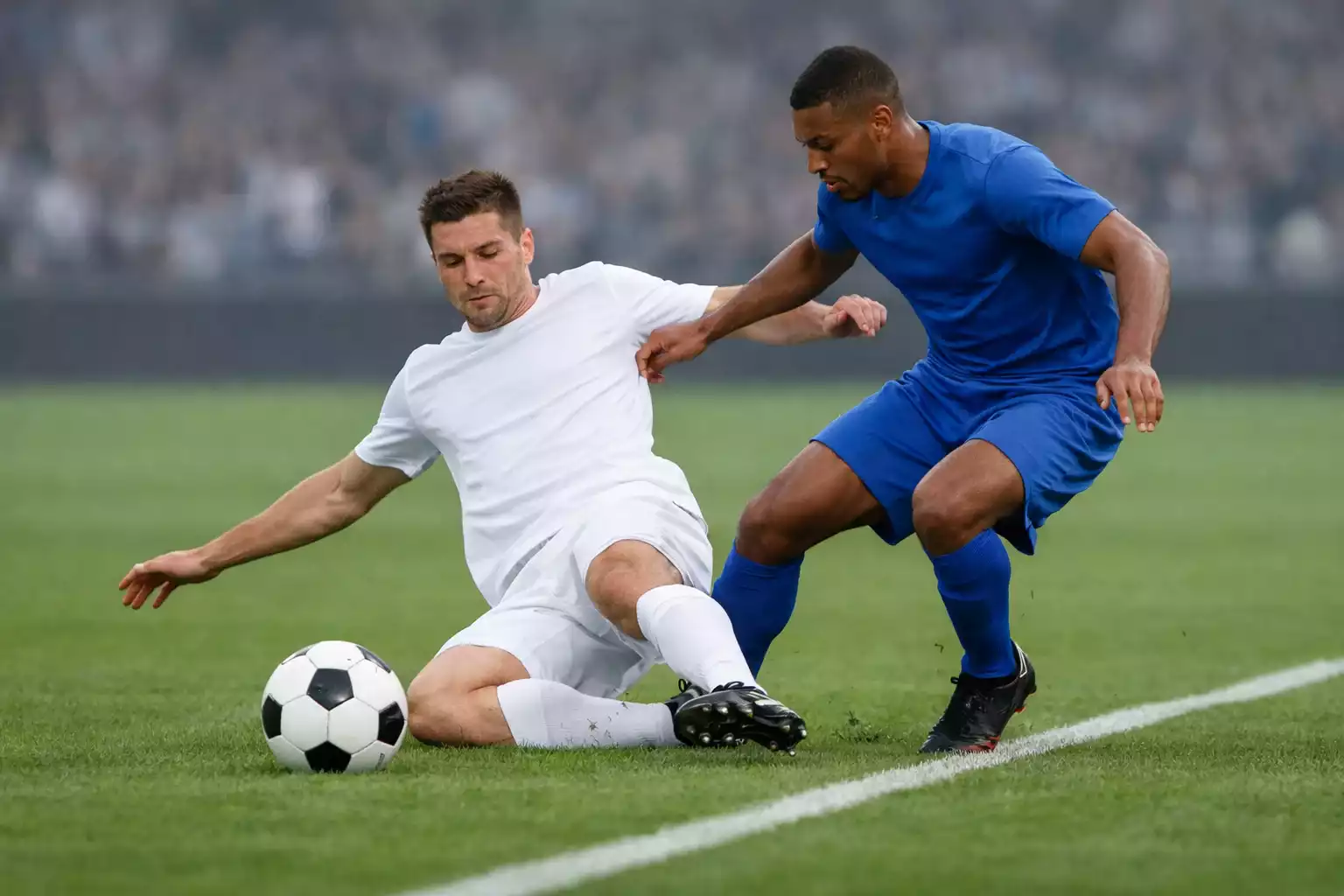 Midfielder making a defensive tackle to win the ball from an opponent
