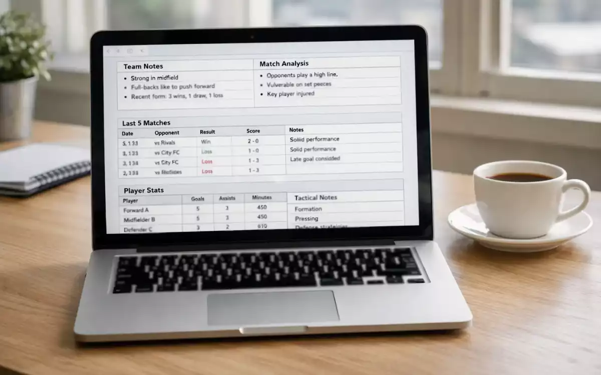 Laptop displaying football statistics and analysis on a desk with coffee cup