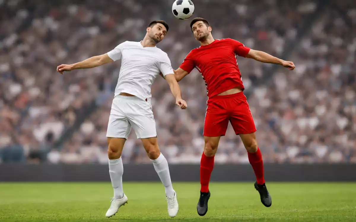 Football players from two teams competing for a header during a Premier League match