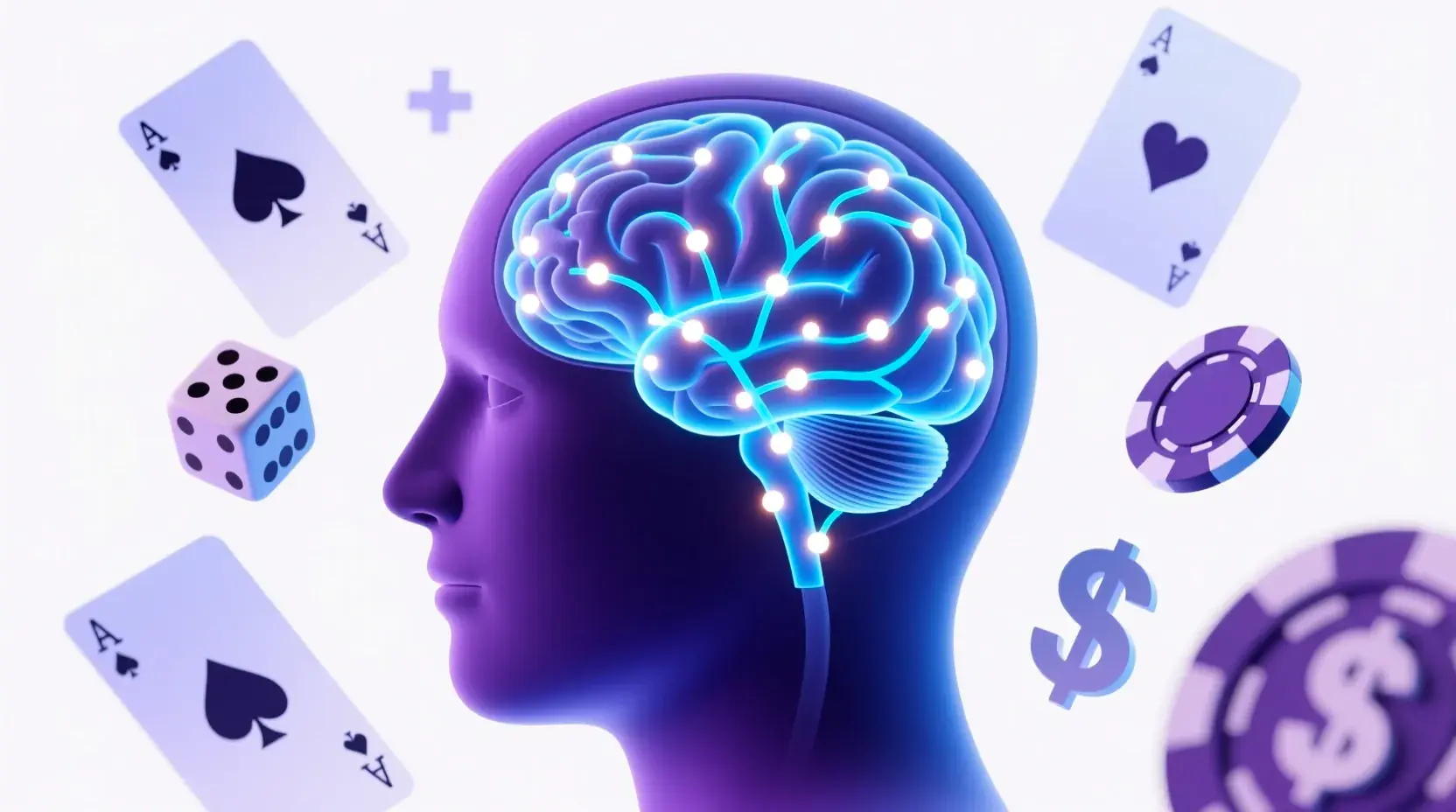 Medical illustration of human brain showing dopamine pathways and neural activity related to gambling addiction