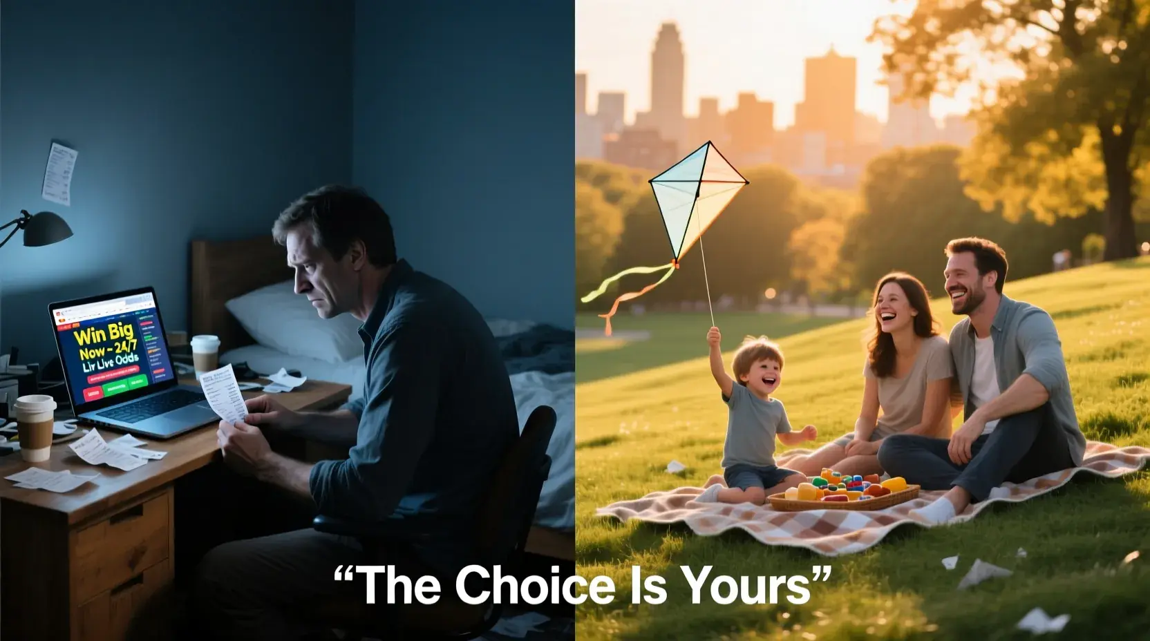 Contrasting image showing the difference between problem gambling stress and healthy balanced life with family