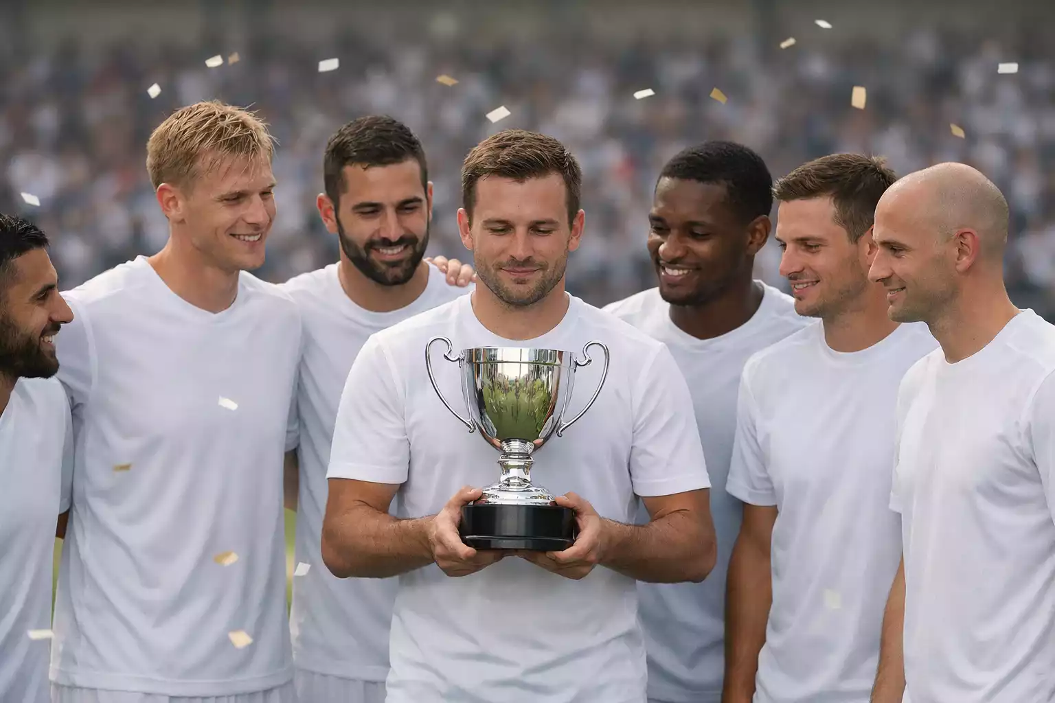 Football team lifting a trophy in celebration after winning a cup final