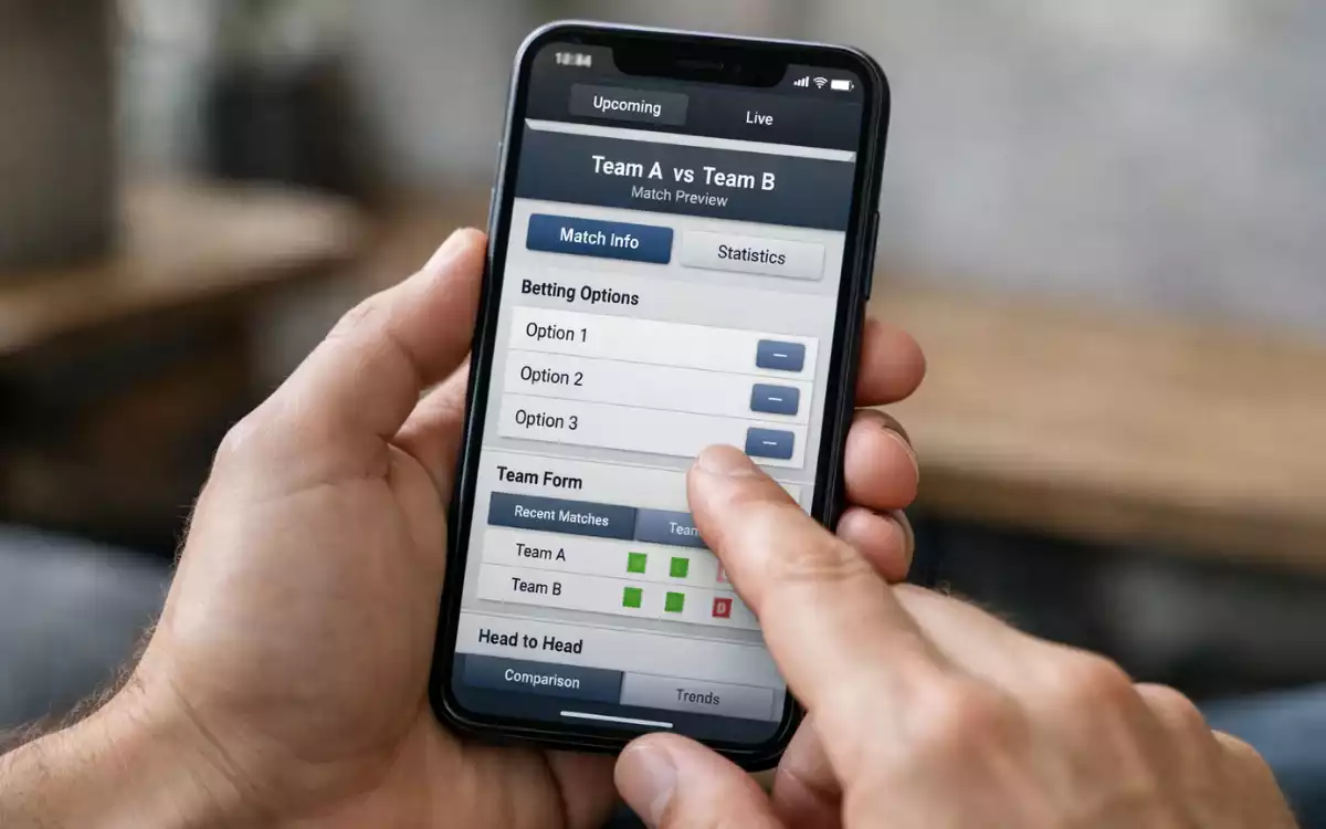 Close-up of hands using a smartphone with a sports betting app interface